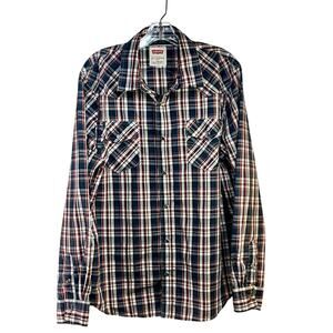 Levi's Pearl Snap Western Shirt Mens Large Modern Red Blue Plaid L/S Poly/Cotton